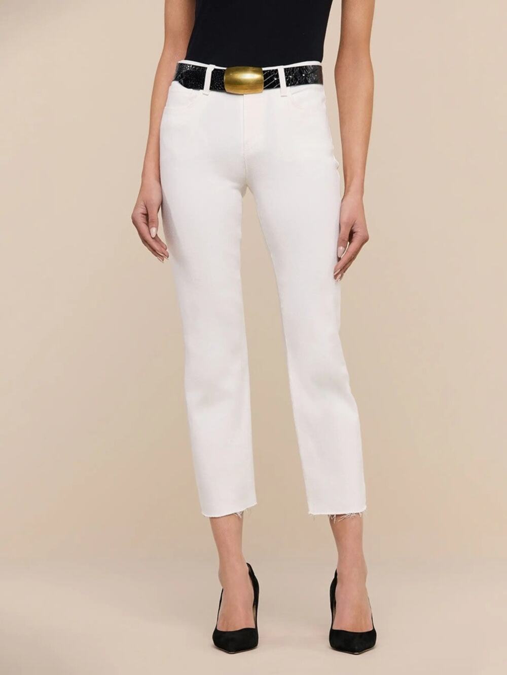 L'Agence Sada Slim-Leg Cropped Jeans Blanc White Sz 23 High Rise Raw Hem